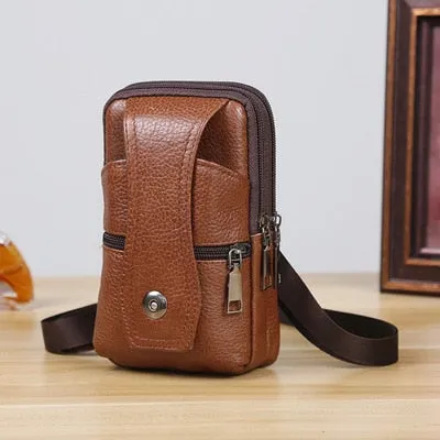 Men Cowhide Leather Waist Bag Large Capacity Belt Bag Brown Shoulder Bags Crossbody Bags Multi-layer Buckle Mobile Phone Bag Bum Pouch