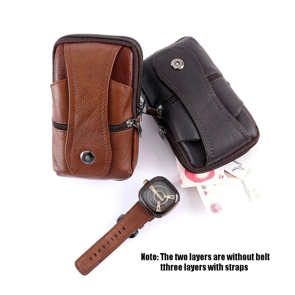 Men Cowhide Leather Waist Bag Large Capacity Belt Bag Brown Shoulder Bags Crossbody Bags Multi-layer Buckle Mobile Phone Bag Bum Pouch