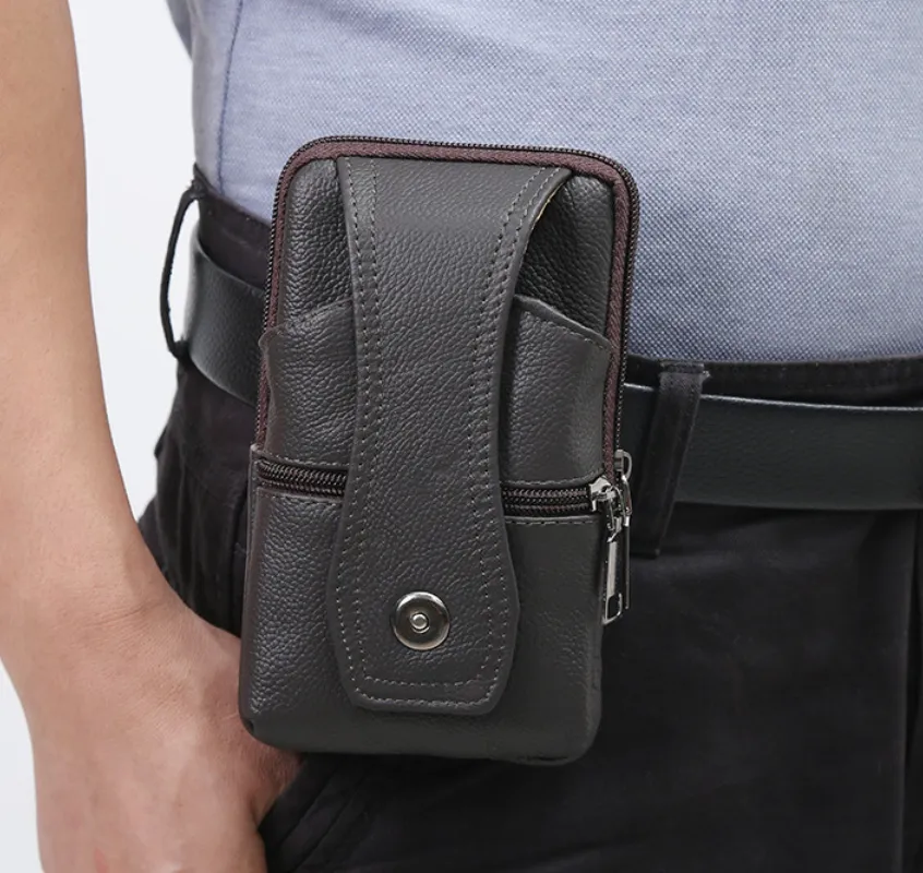 Men Cowhide Leather Waist Bag Large Capacity Belt Bag Brown Shoulder Bags Crossbody Bags Multi-layer Buckle Mobile Phone Bag Bum Pouch
