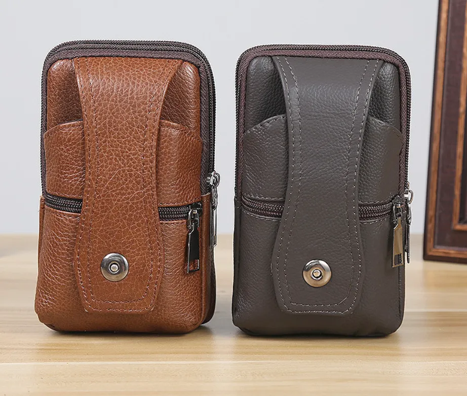 Men Cowhide Leather Waist Bag Large Capacity Belt Bag Brown Shoulder Bags Crossbody Bags Multi-layer Buckle Mobile Phone Bag Bum Pouch