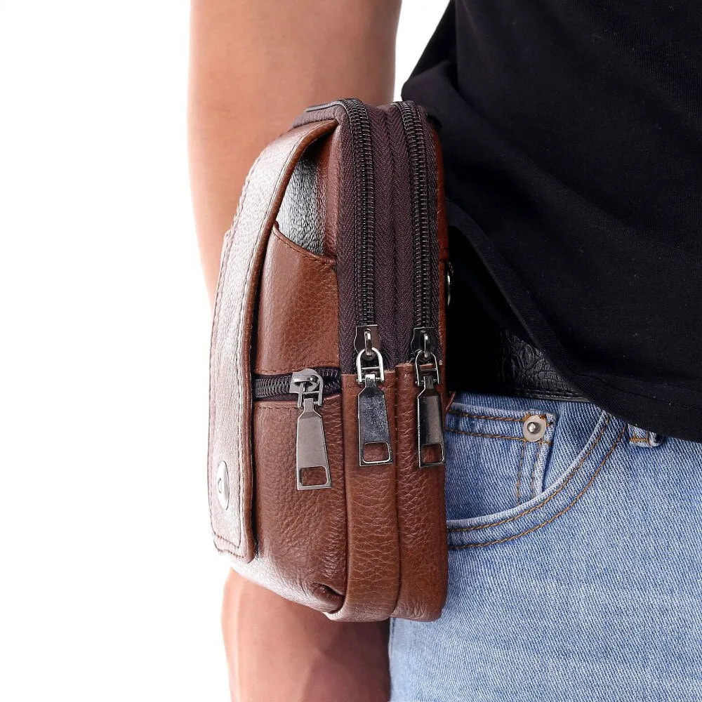 Men Cowhide Leather Waist Bag Large Capacity Belt Bag Brown Shoulder Bags Crossbody Bags Multi-layer Buckle Mobile Phone Bag Bum Pouch