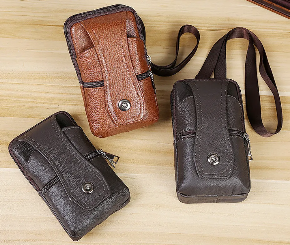Men Cowhide Leather Waist Bag Large Capacity Belt Bag Brown Shoulder Bags Crossbody Bags Multi-layer Buckle Mobile Phone Bag Bum Pouch