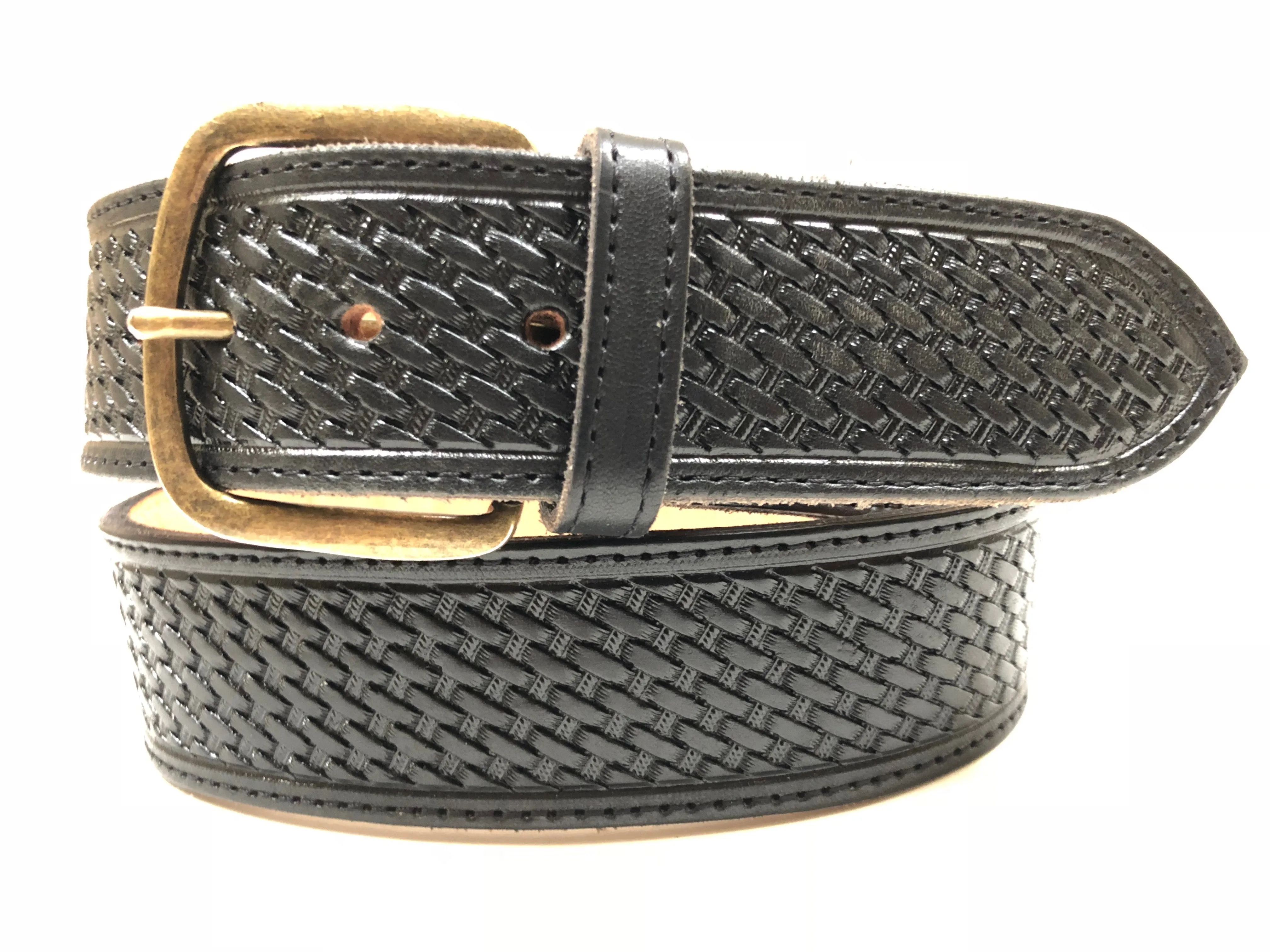 Men's Black Leather Belt with Antique Brass Buckle 36A7
