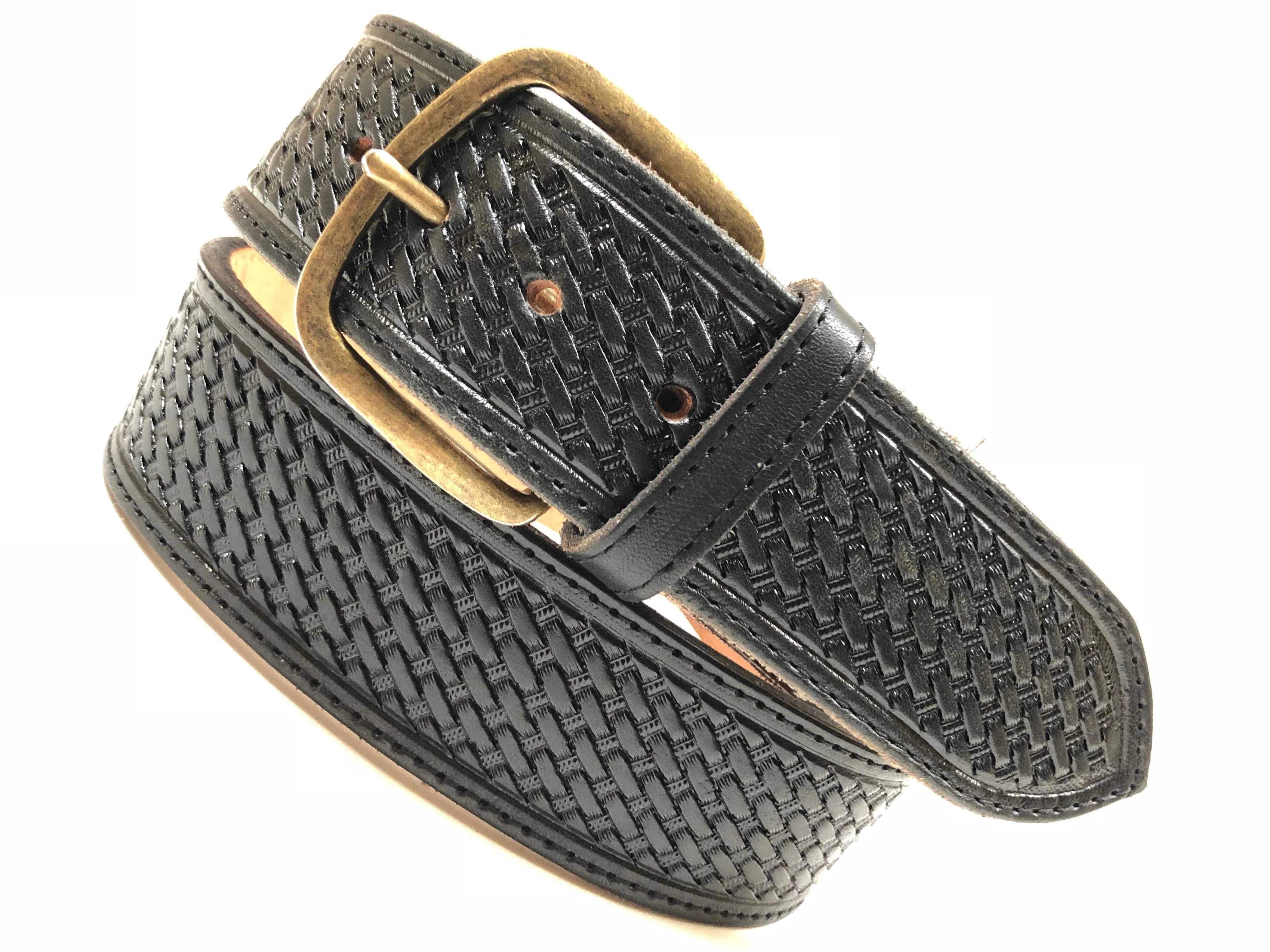 Men's Black Leather Belt with Antique Brass Buckle 36A7