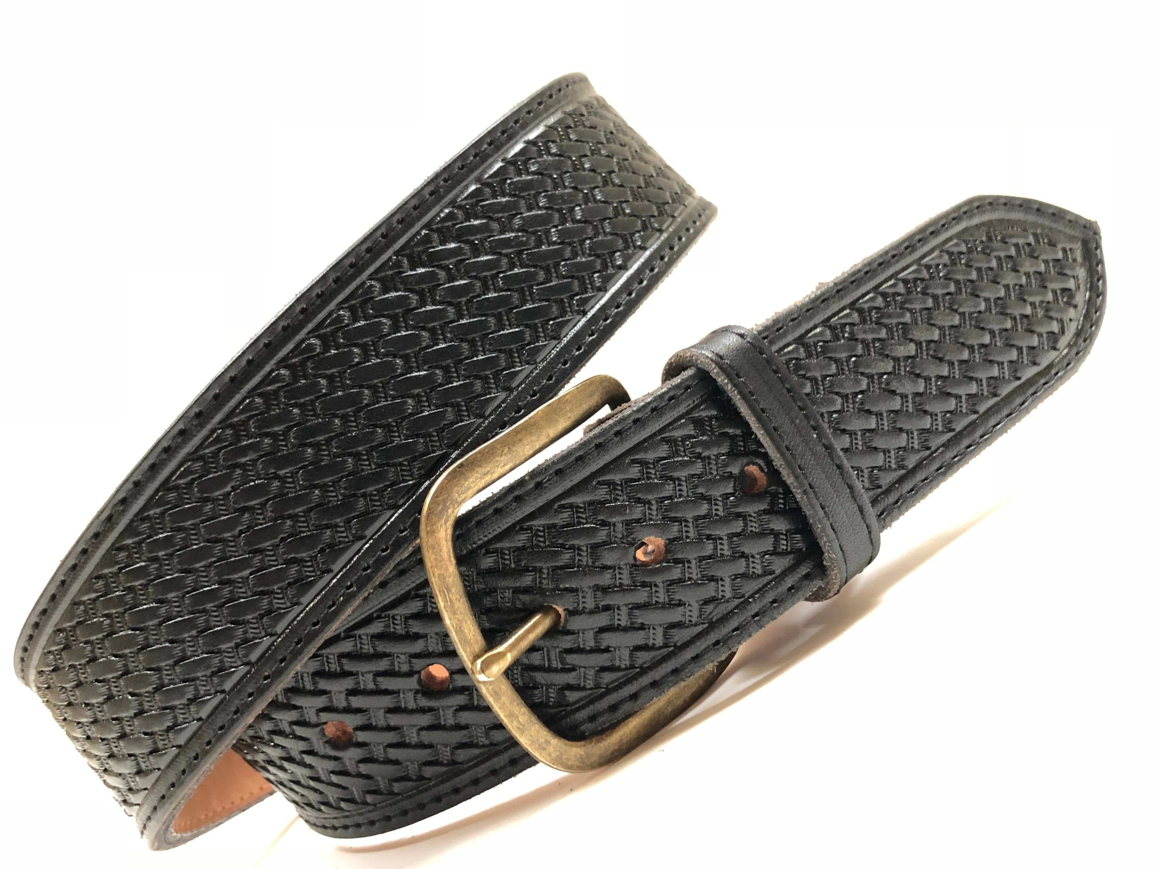 Men's Black Leather Belt with Antique Brass Buckle 36A7