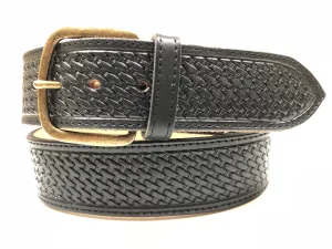 Men's Black Leather Belt with Antique Brass Buckle 36A7