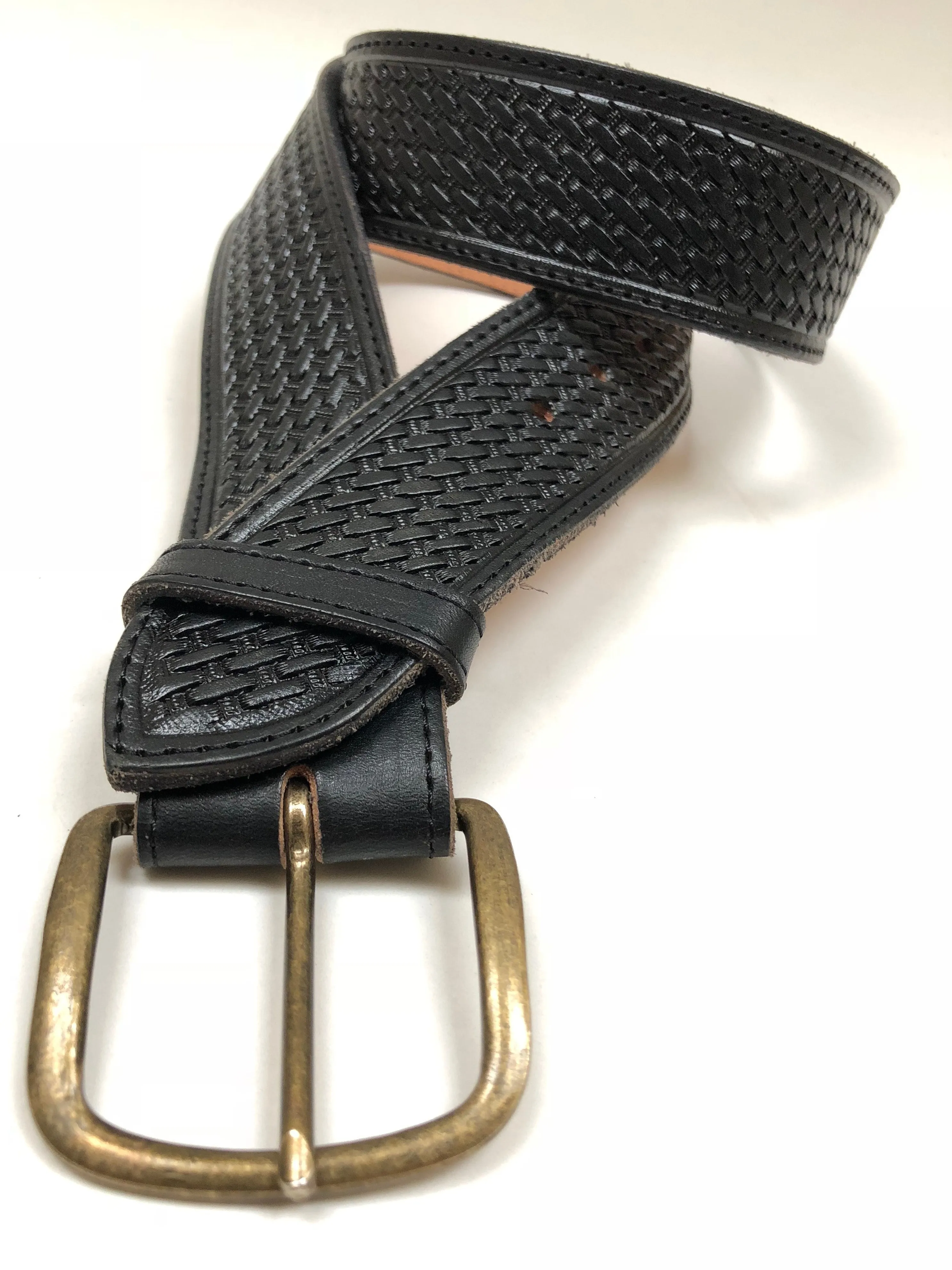 Men's Black Leather Belt with Antique Brass Buckle 36A7