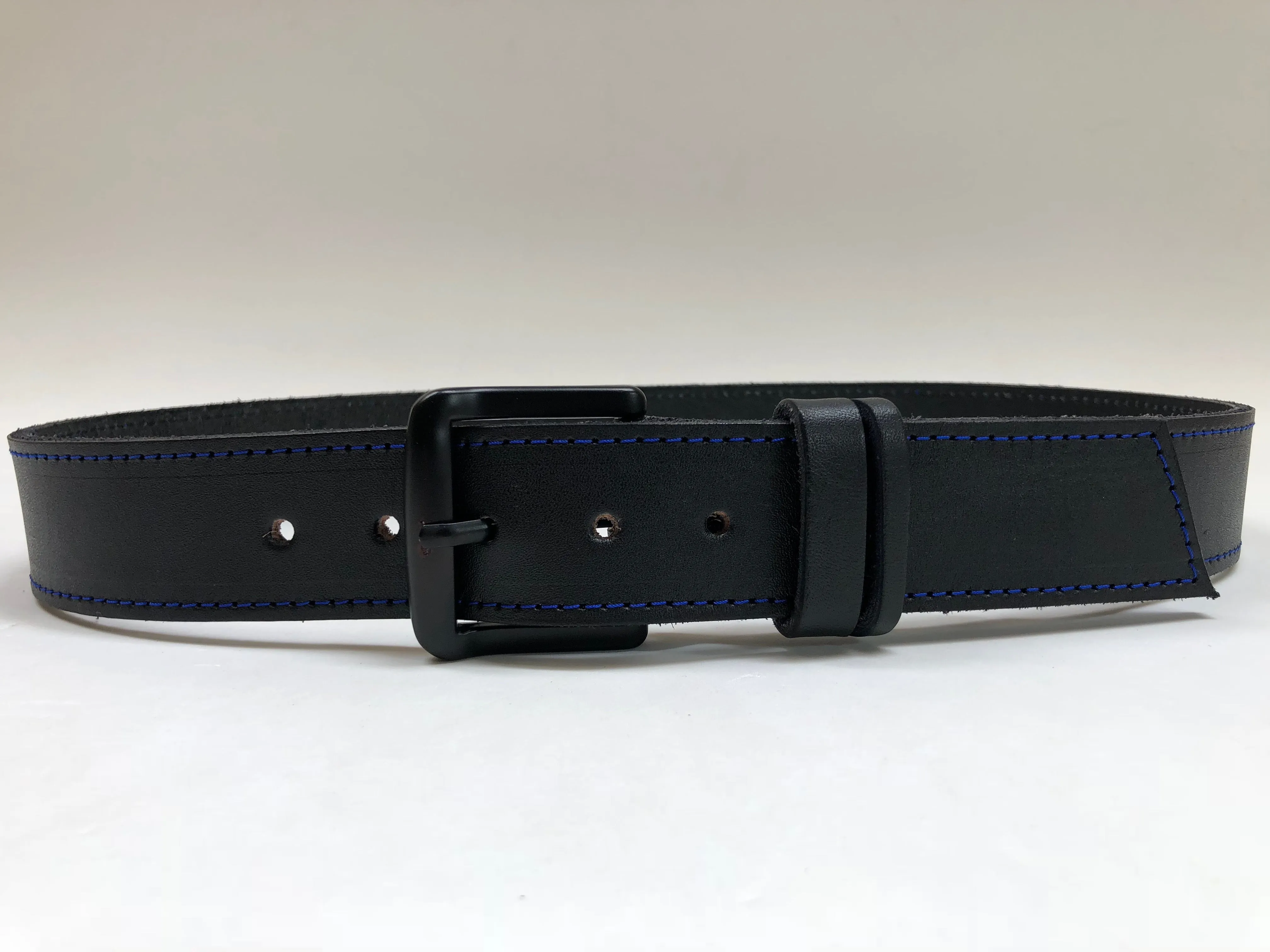 Men's Black Leather Belt with Blue Stitching B1554
