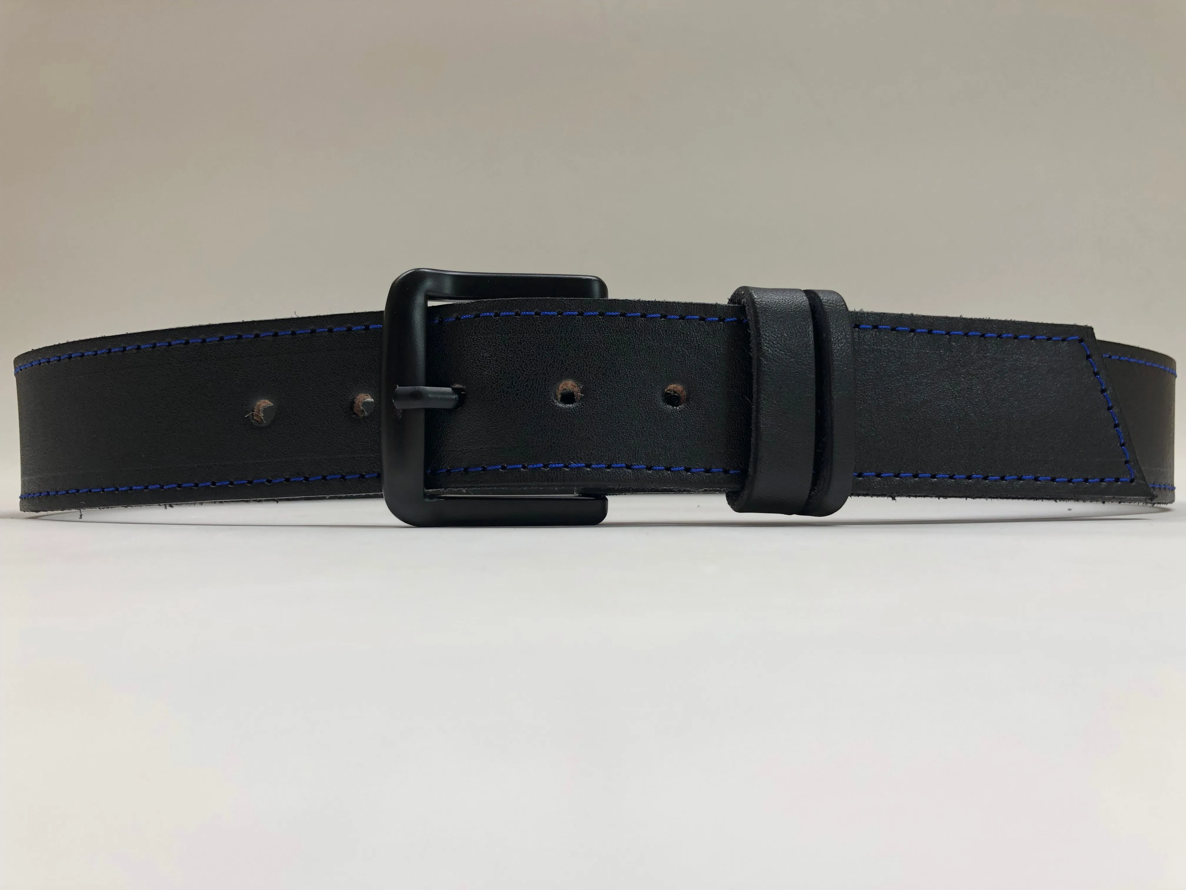 Men's Black Leather Belt with Blue Stitching B1554