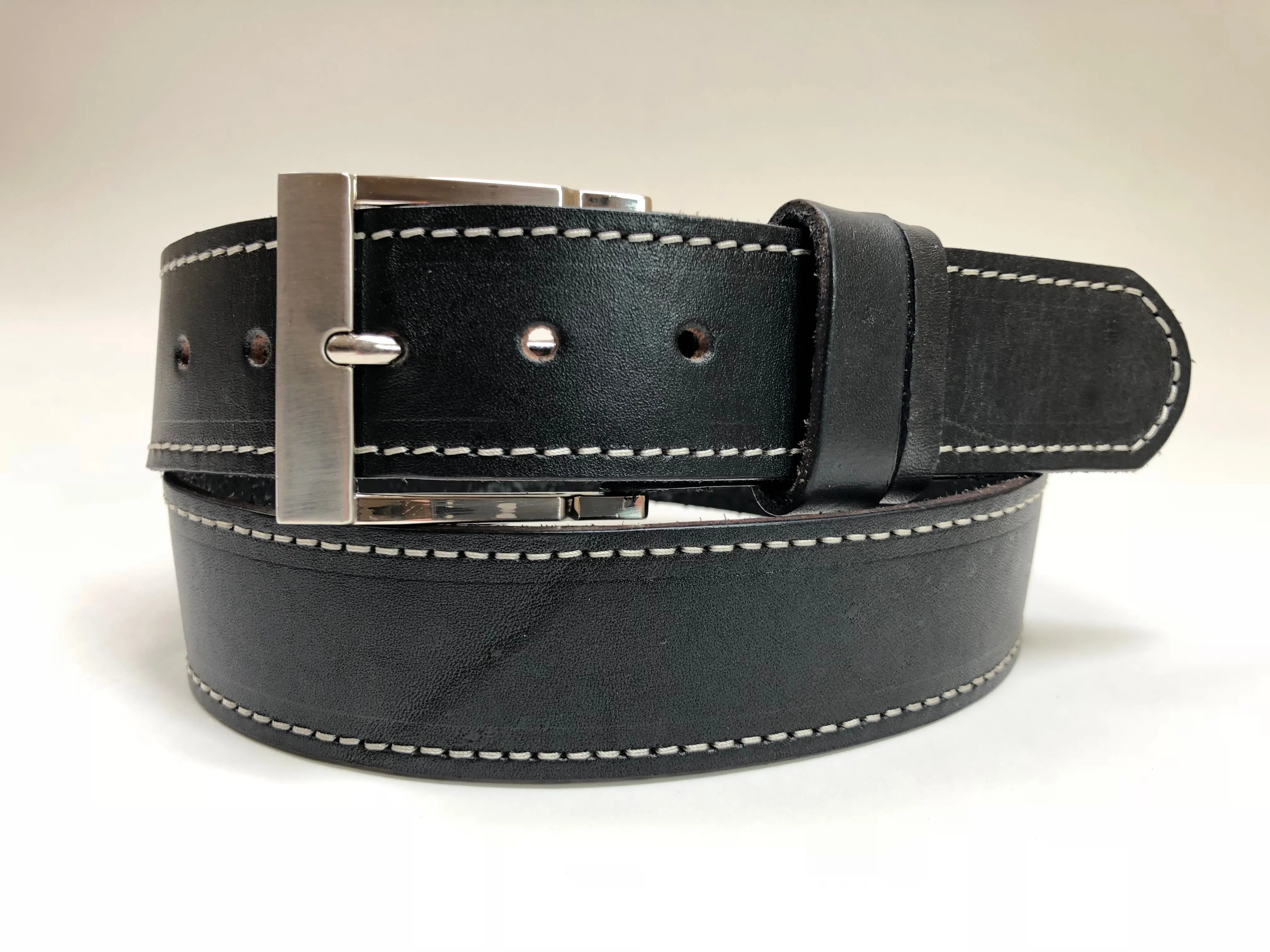 Men's Black Leather Belt with White Stitching 34C2