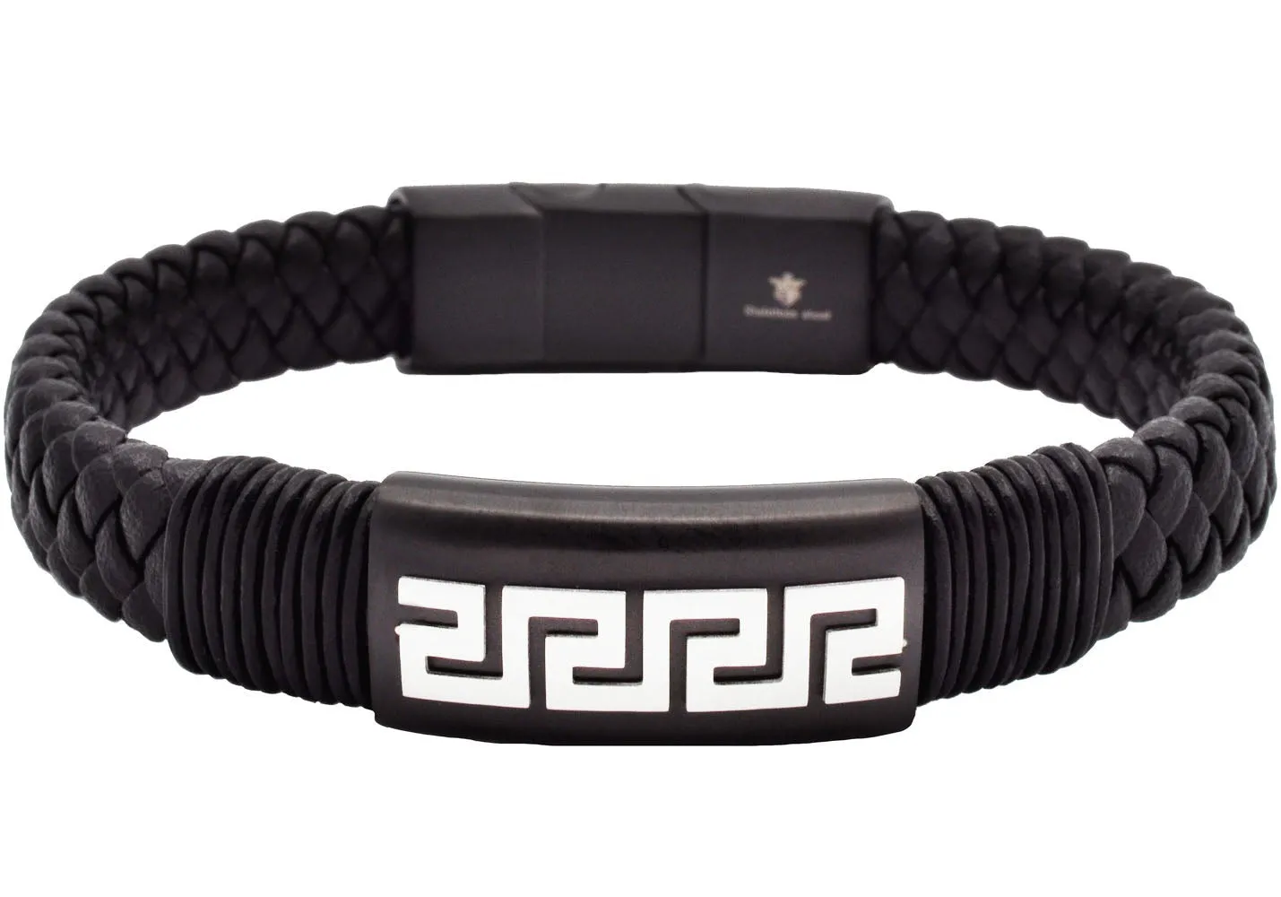 Men's Black Leather Greek Key Stainless Steel Bracelet