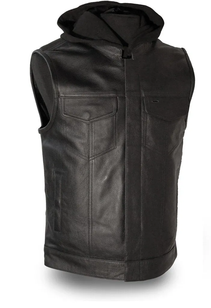 Men's Blk Son of Anarcy Patch holder Leather Vest Premium Soft Leather with Huddy