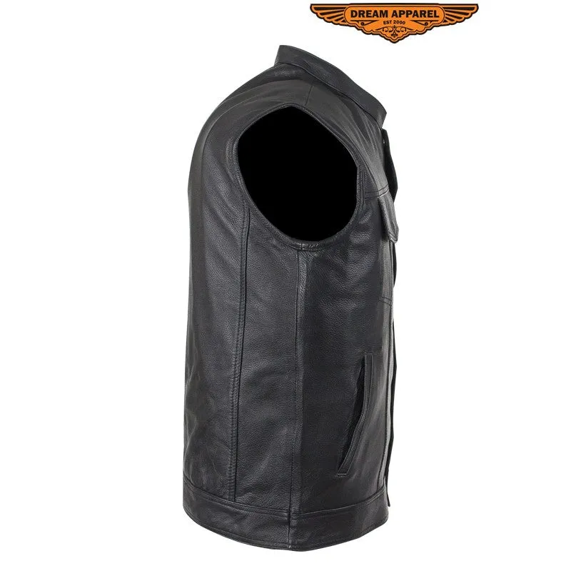 Men's Blk Son of Anarcy Patch holder Leather Vest Premium Soft Leather with Huddy