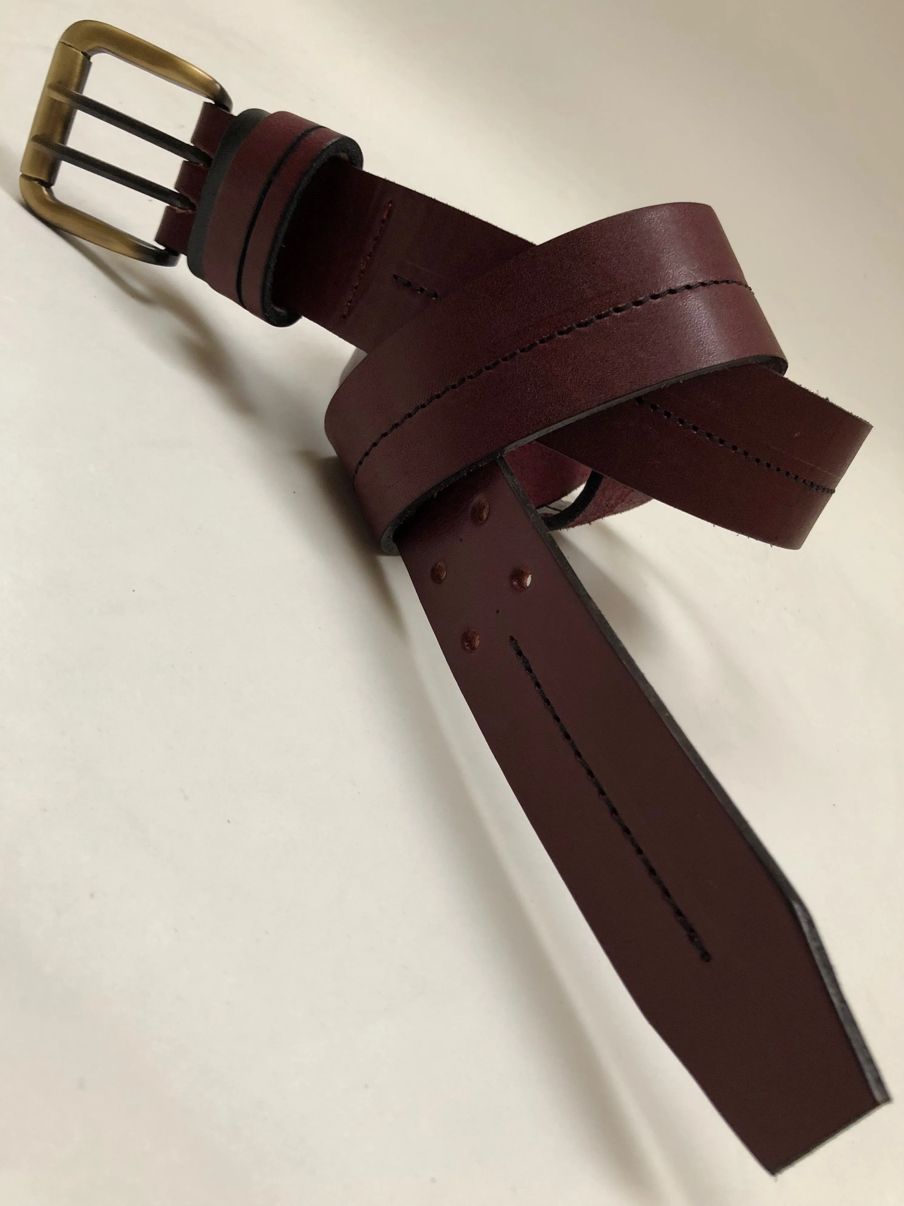 Men's Burgundy Leather Belt with 2 Prongs Antique Brass 34A1