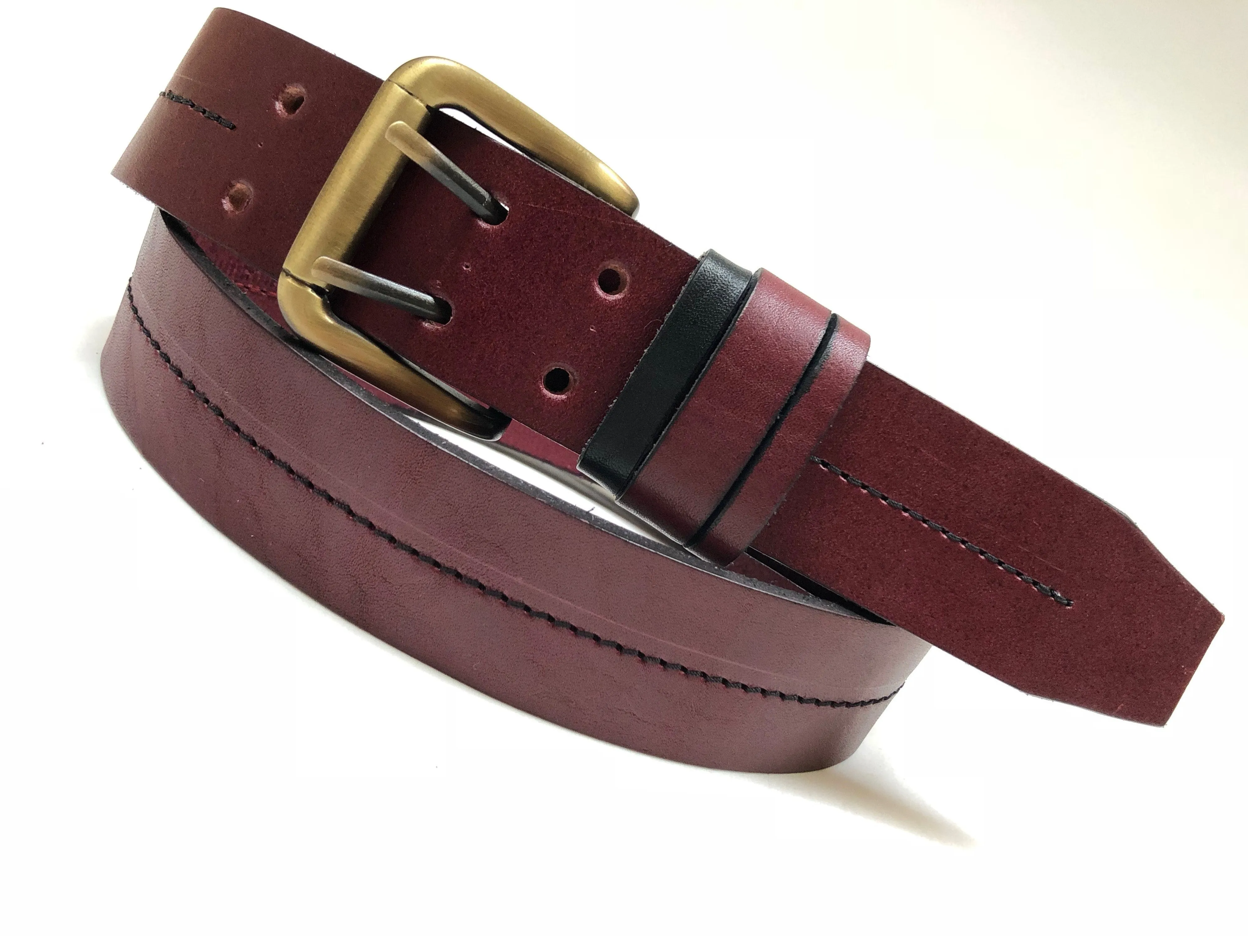 Men's Burgundy Leather Belt with 2 Prongs Antique Brass 34A1
