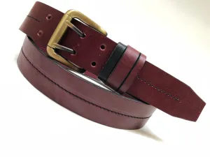 Men's Burgundy Leather Belt with 2 Prongs Antique Brass 34A1