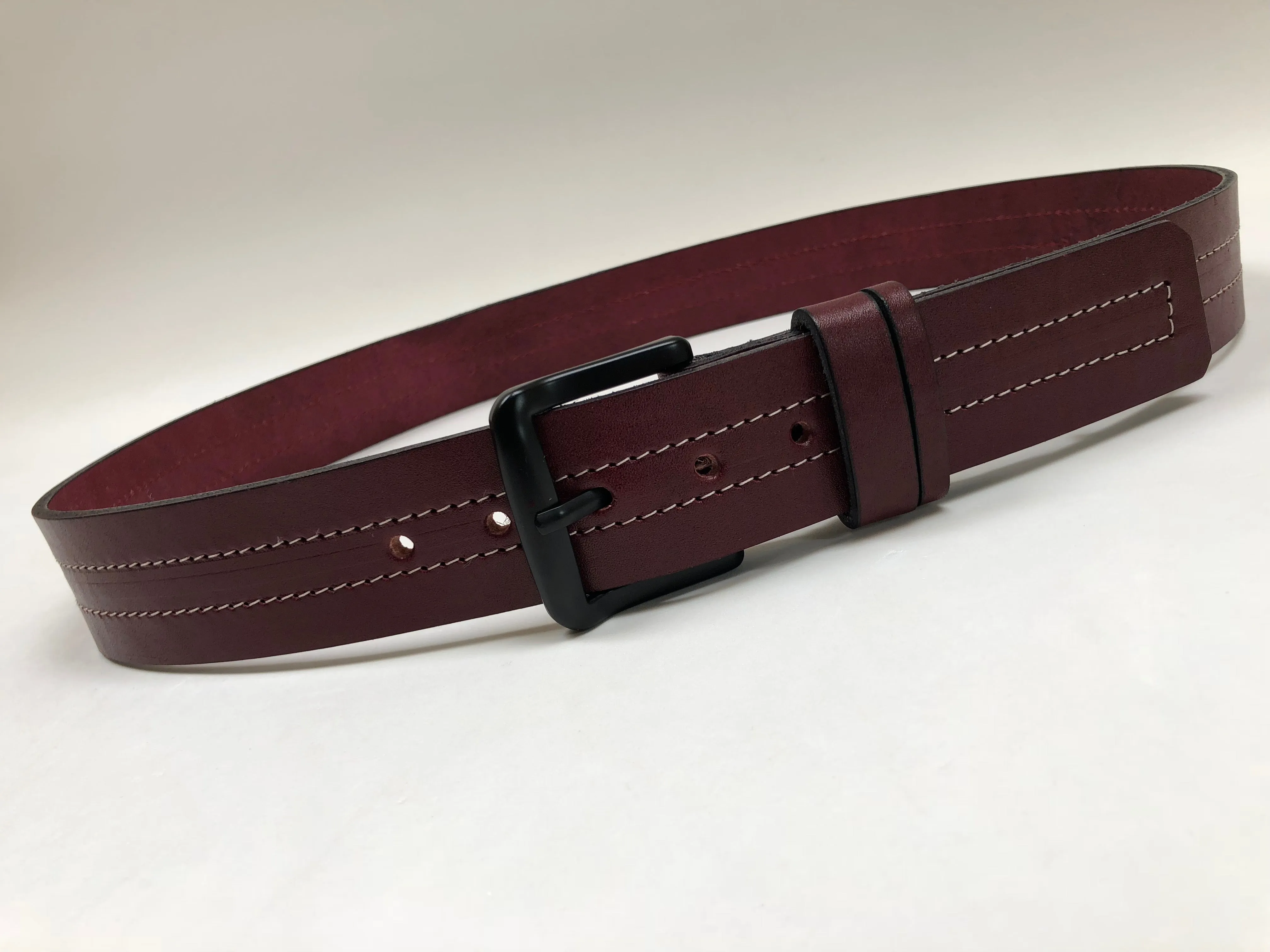 Men's Burgundy Leather Belt with White Stitching B1654