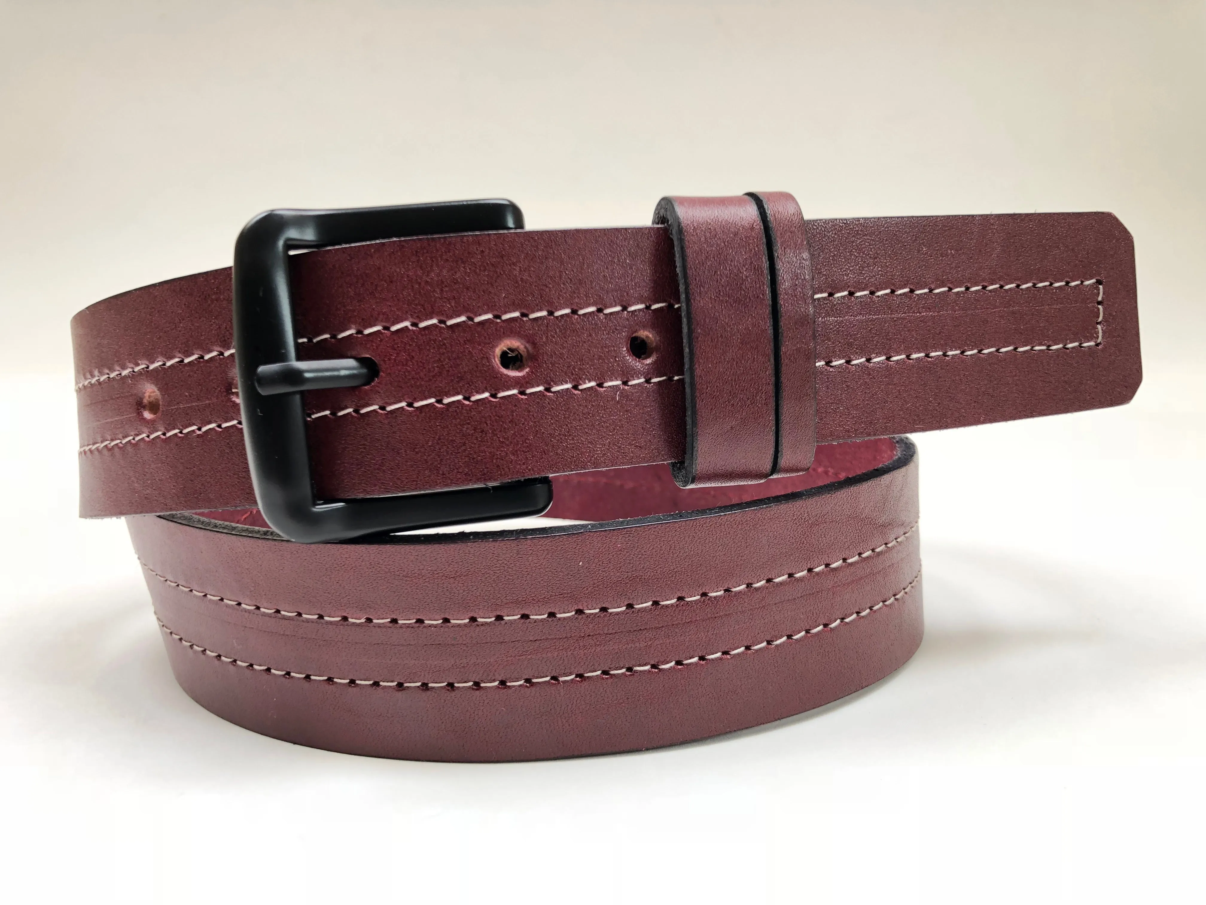 Men's Burgundy Leather Belt with White Stitching B1654
