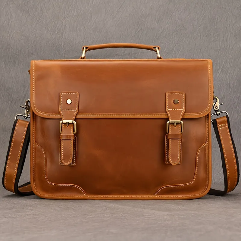 Men's Cowhide Leather Briefcase Flap Laptop Bag Crazy Horse Leather Shoulder Bus