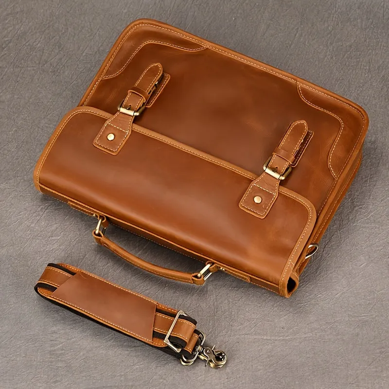 Men's Cowhide Leather Briefcase Flap Laptop Bag Crazy Horse Leather Shoulder Bus