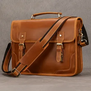 Men's Cowhide Leather Briefcase Flap Laptop Bag Crazy Horse Leather Shoulder Bus