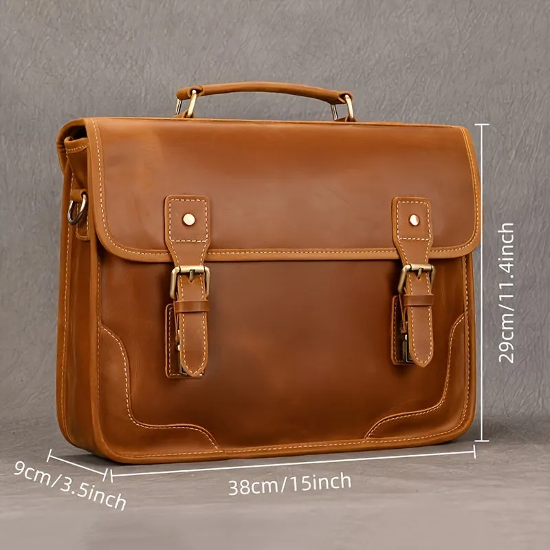Men's Cowhide Leather Briefcase Flap Laptop Bag Crazy Horse Leather Shoulder Bus