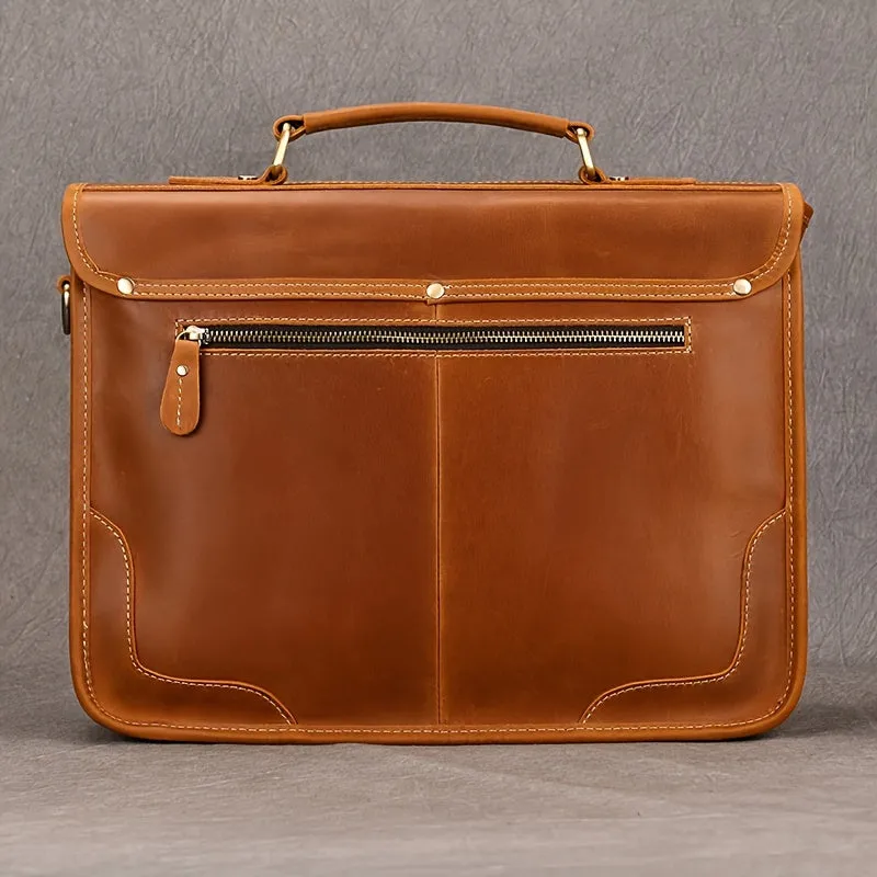 Men's Cowhide Leather Briefcase Flap Laptop Bag Crazy Horse Leather Shoulder Bus