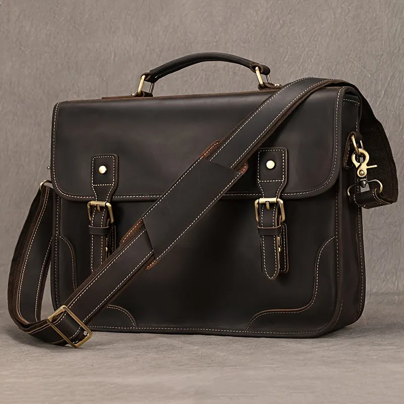 Men's Cowhide Leather Briefcase Flap Laptop Bag Crazy Horse Leather Shoulder Bus