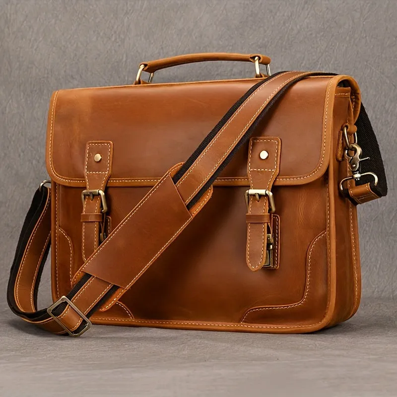 Men's Cowhide Leather Briefcase Flap Laptop Bag Crazy Horse Leather Shoulder Bus