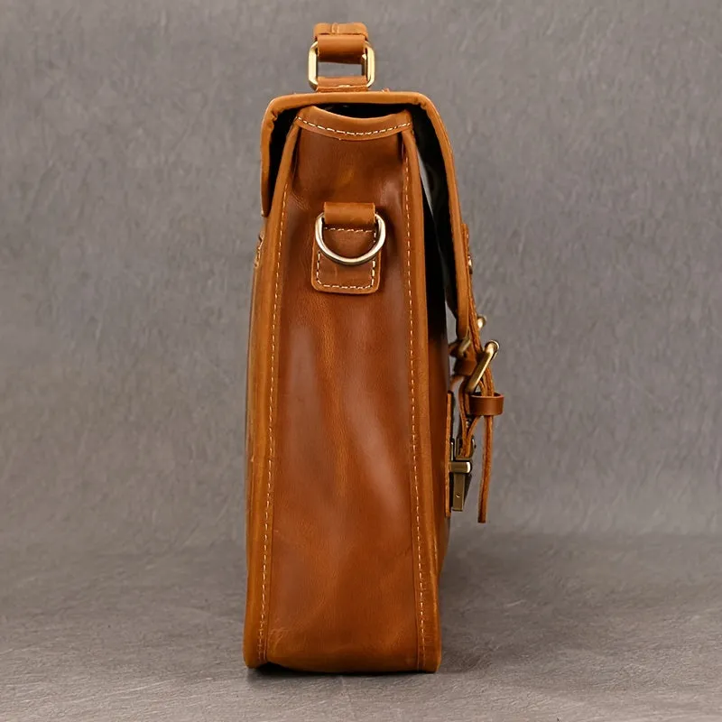 Men's Cowhide Leather Briefcase Flap Laptop Bag Crazy Horse Leather Shoulder Bus