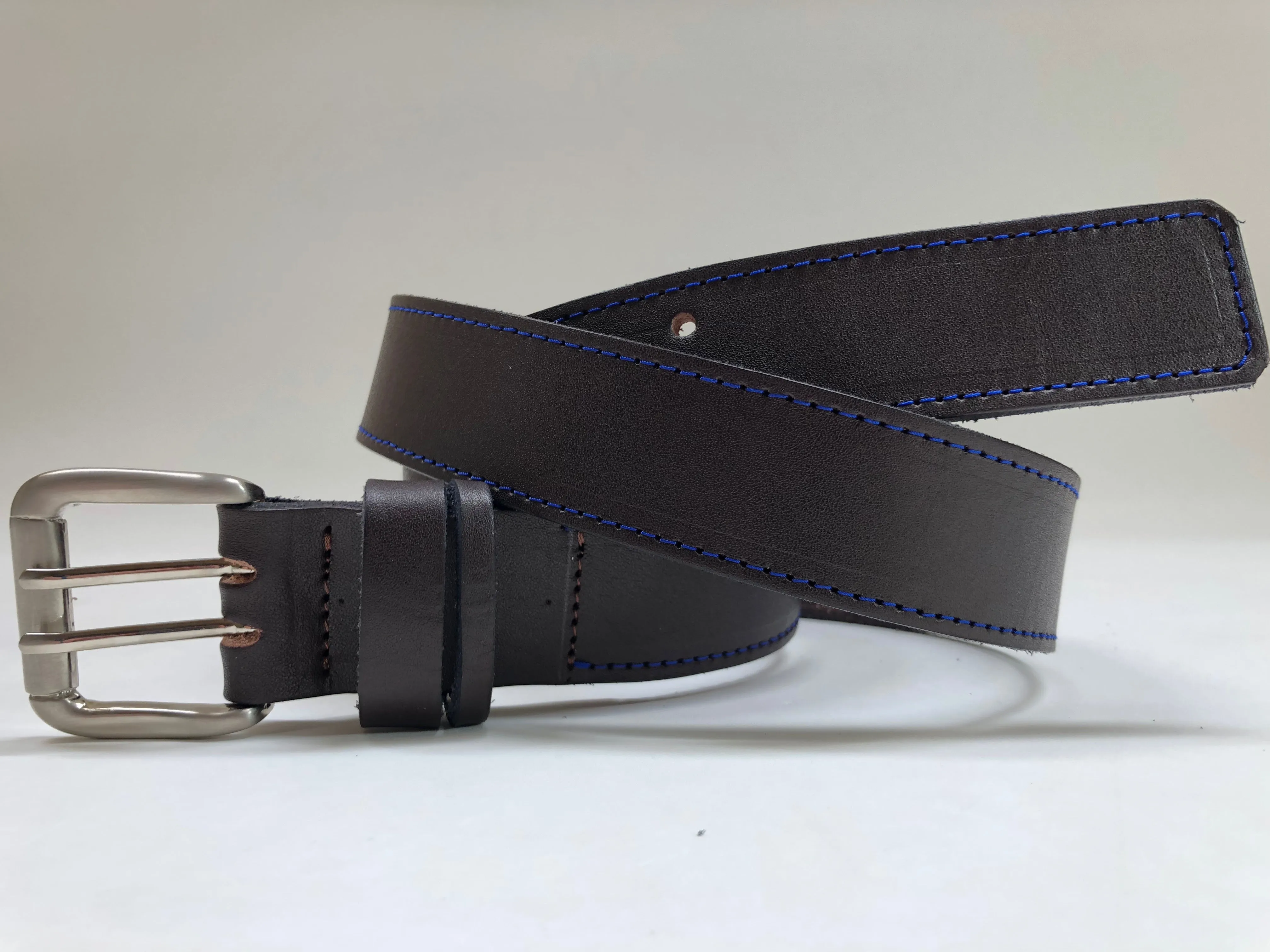 Men's Dark Brown Leather Belt with Blue Stitching B1754