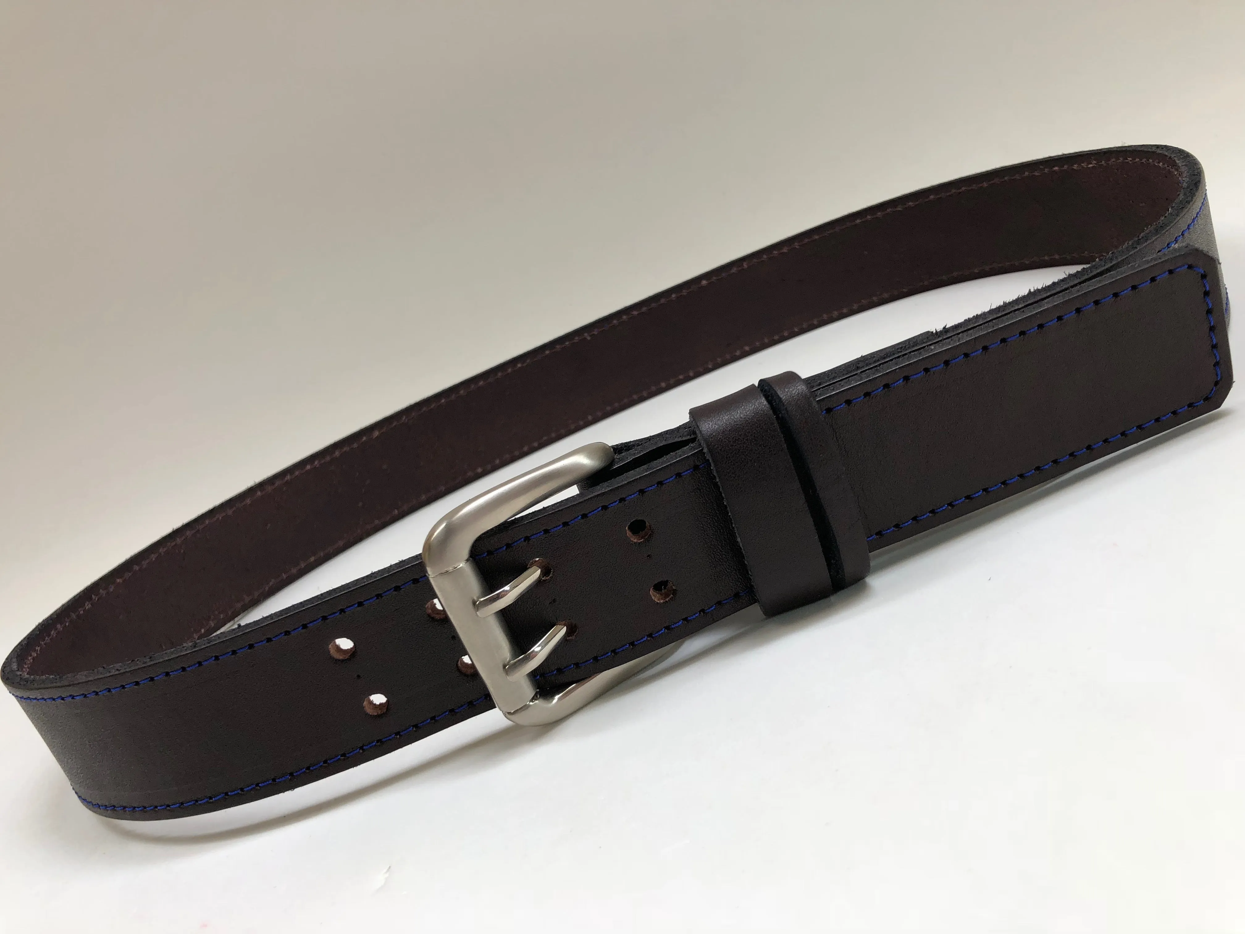 Men's Dark Brown Leather Belt with Blue Stitching B1754