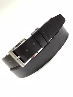 Men's Dark Brown Leather Belt with Smooth Silver Tone Buckle 38A11