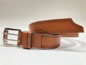 Men's Double Prong Tan Leather Belt with Black Stitching 36C3