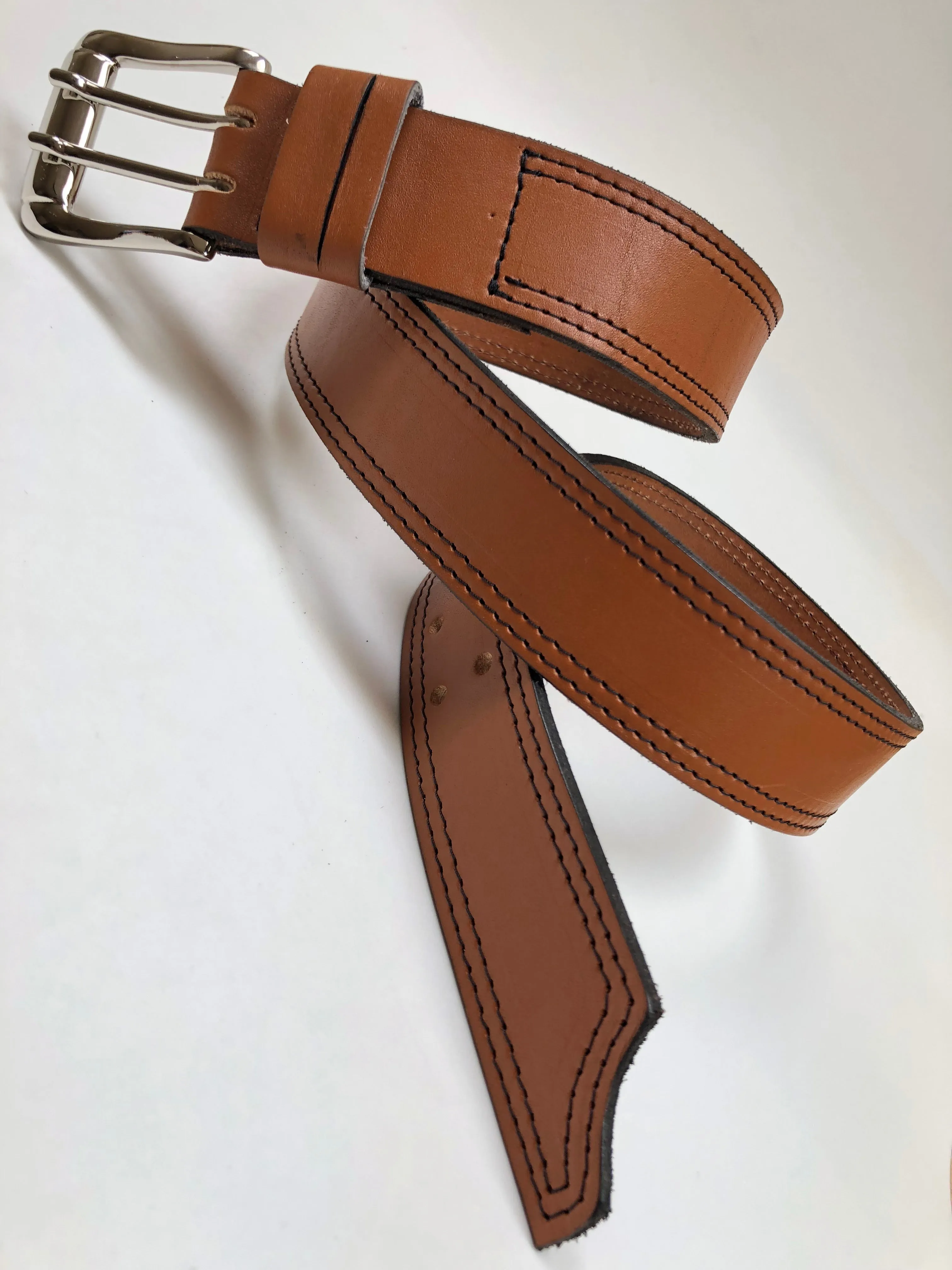 Men's Double Prong Tan Leather Belt with Black Stitching 36C3