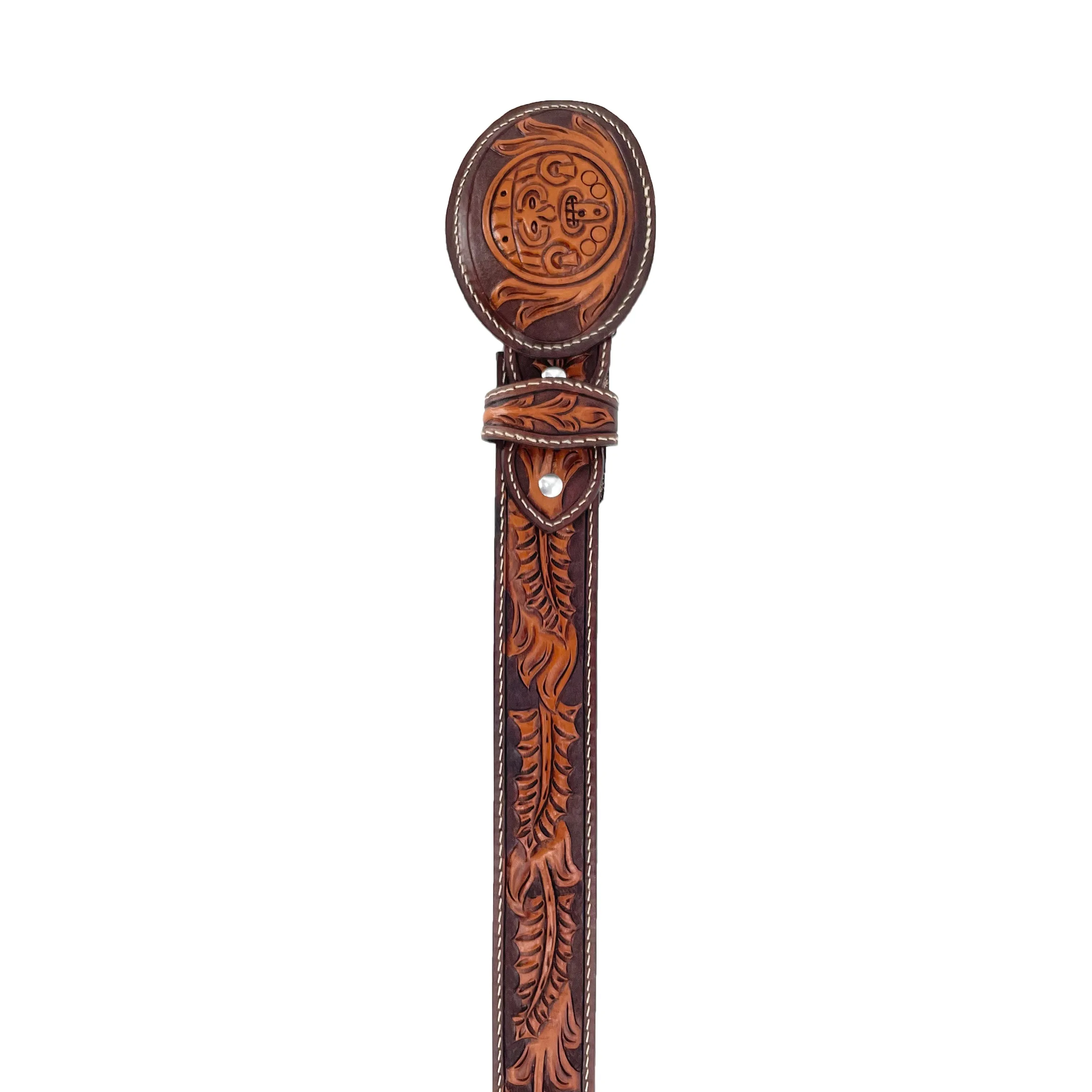 Men's Hand Tooled Belt - Aztec Calendar Bitone