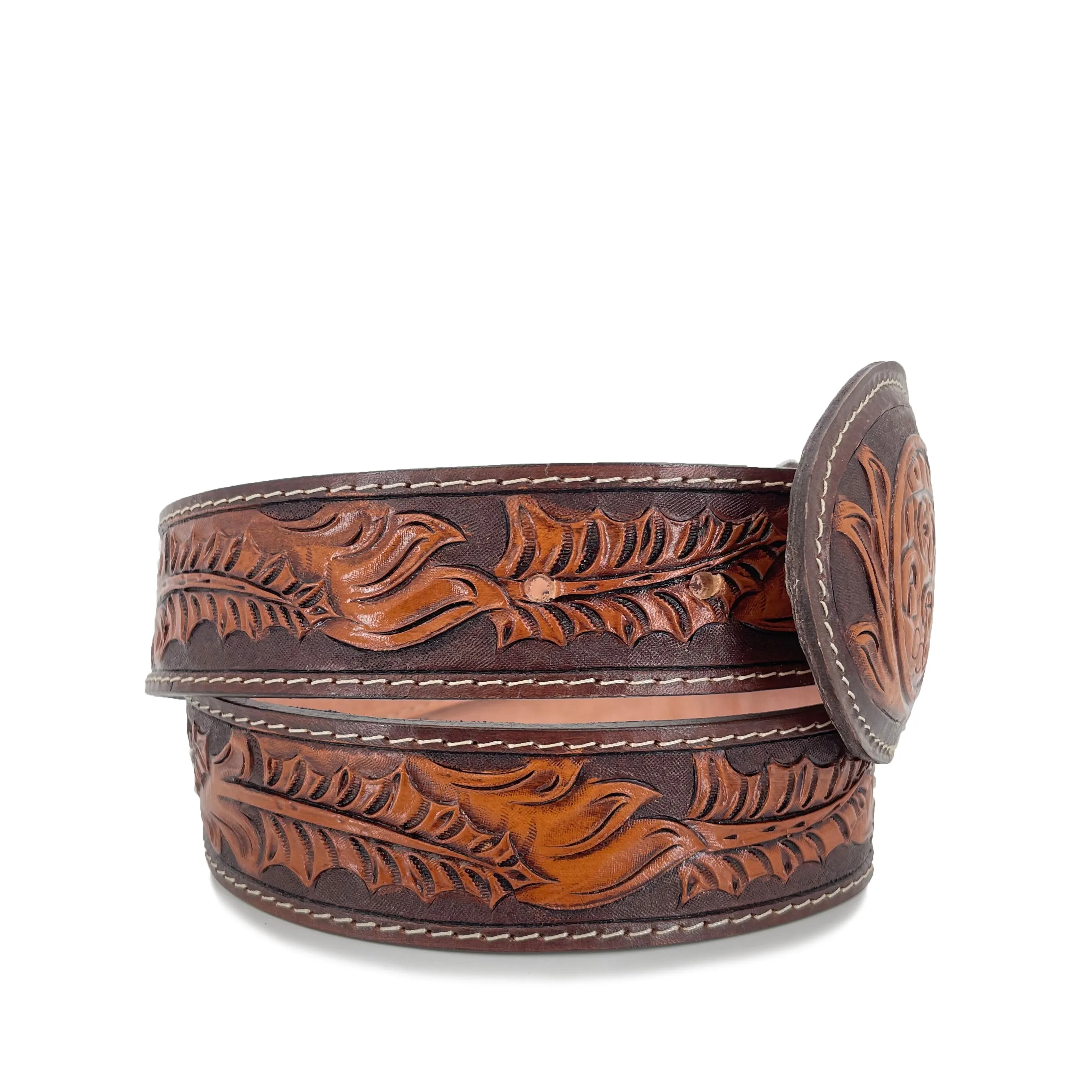 Men's Hand Tooled Belt - Aztec Calendar Bitone