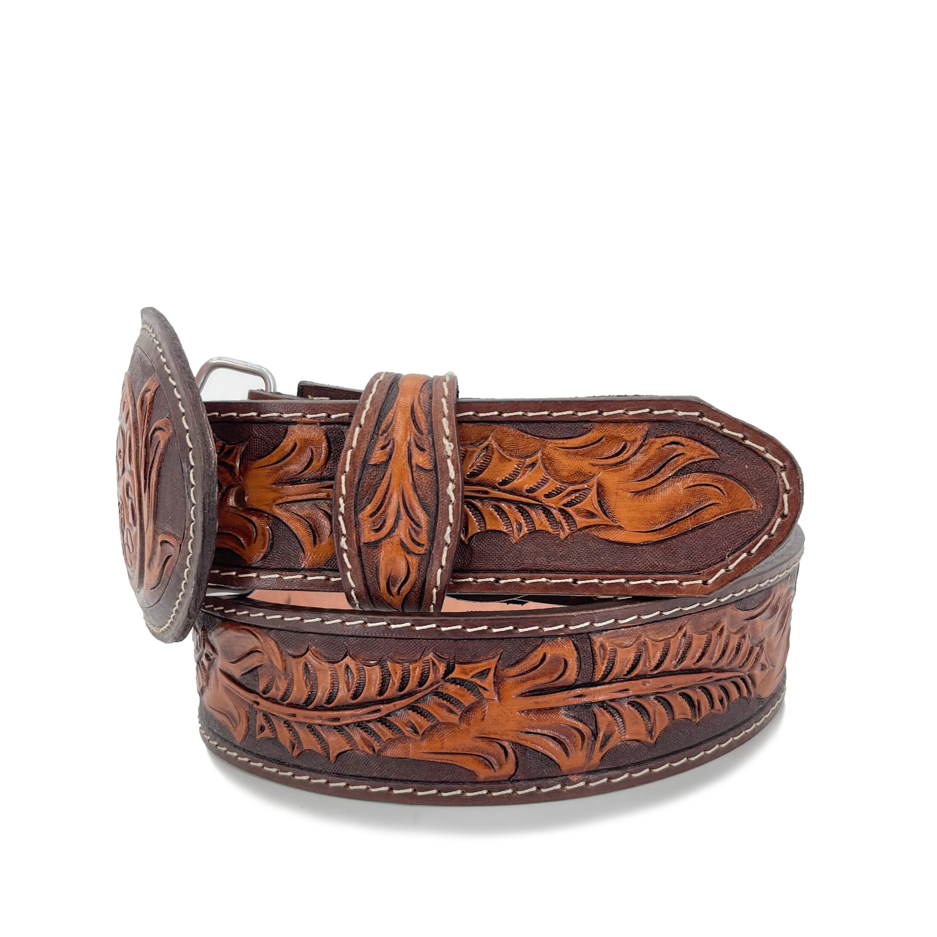 Men's Hand Tooled Belt - Aztec Calendar Bitone