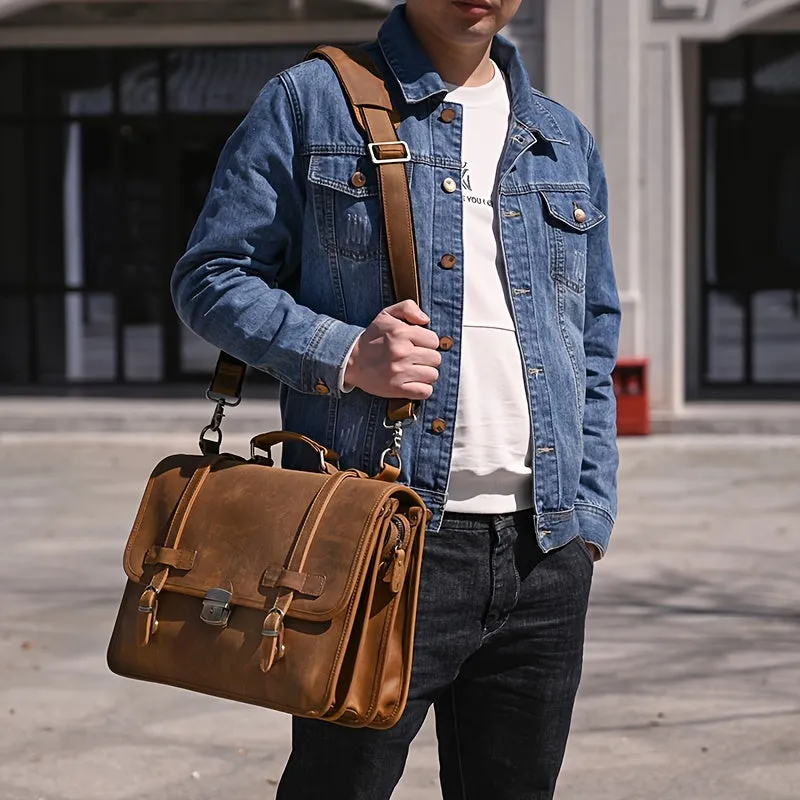 Men's Leather Laptop Messenger Bag Briefcase