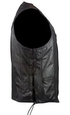 Men's Motorcycle Blk Classic Side lace plain leather vest with 2 Gun pockets