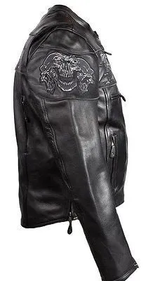 MEN'S MOTORCYCLE REFLECTIVE SKULL LEATHER JACKET W/GUN POCKETS
