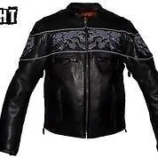 MEN'S MOTORCYCLE REFLECTIVE SKULL LEATHER JACKET W/GUN POCKETS