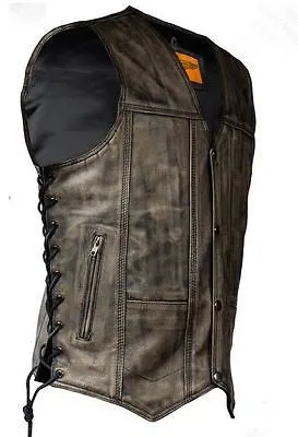 MEN'S MOTORCYCLE RIDERS 10 POCKET DISTRESSED BRN LEATHER VEST SIDE LACES LIGHT