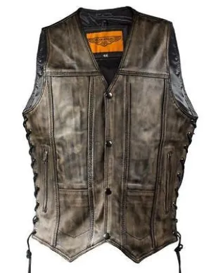 MEN'S MOTORCYCLE RIDERS 10 POCKET DISTRESSED BRN LEATHER VEST SIDE LACES LIGHT