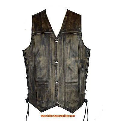 MEN'S MOTORCYCLE RIDERS 10 POCKET DISTRESSED BRN LEATHER VEST SIDE LACES LIGHT