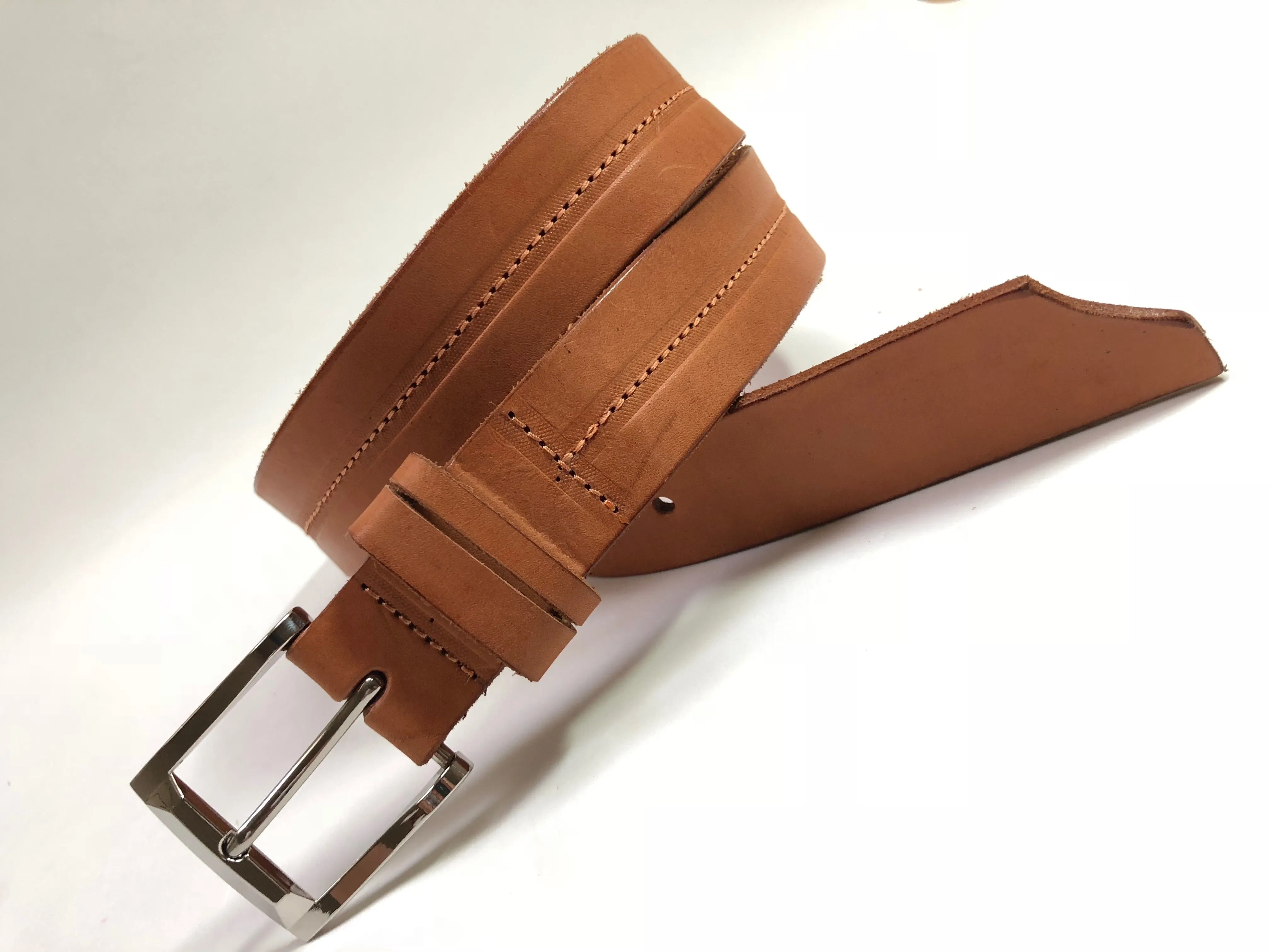 Men's Natural  Leather Belt with Brown Stitching B2354