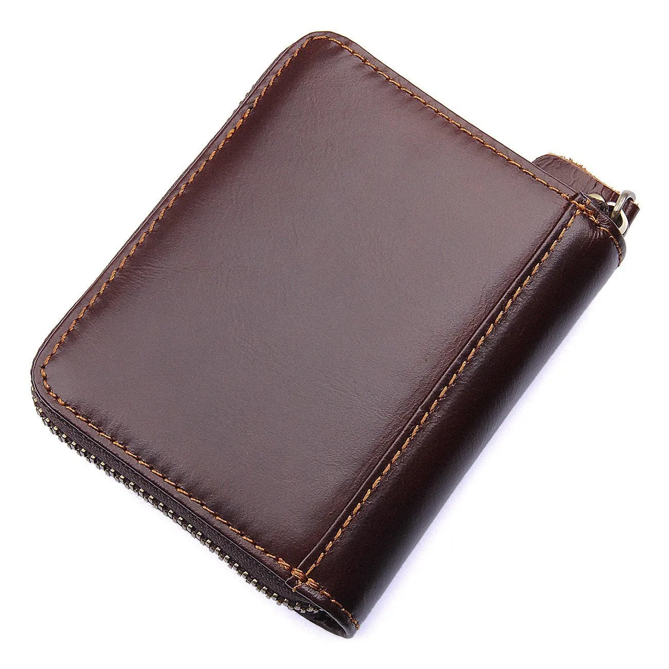 Men's RFID Blocking Full Grain Leather Secure Credit Card Holder Zip Around Wallet, Come with Free Keychain and Gift Box, Chocolate, b1w008ch