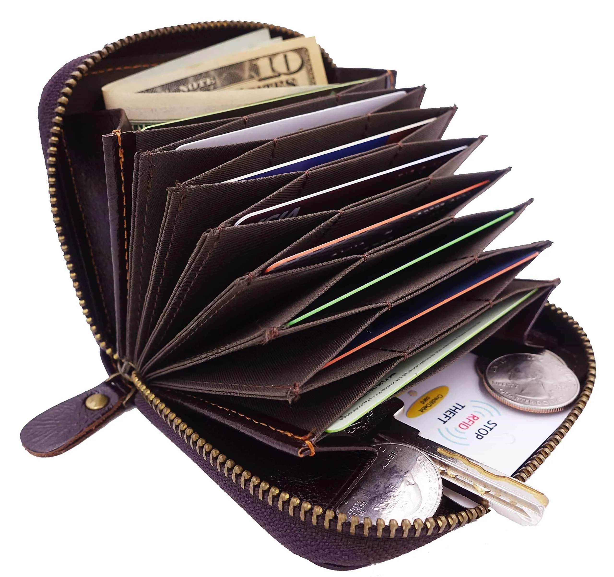 Men's RFID Blocking Full Grain Leather Secure Credit Card Holder Zip Around Wallet, Come with Free Keychain and Gift Box, Chocolate, b1w008ch