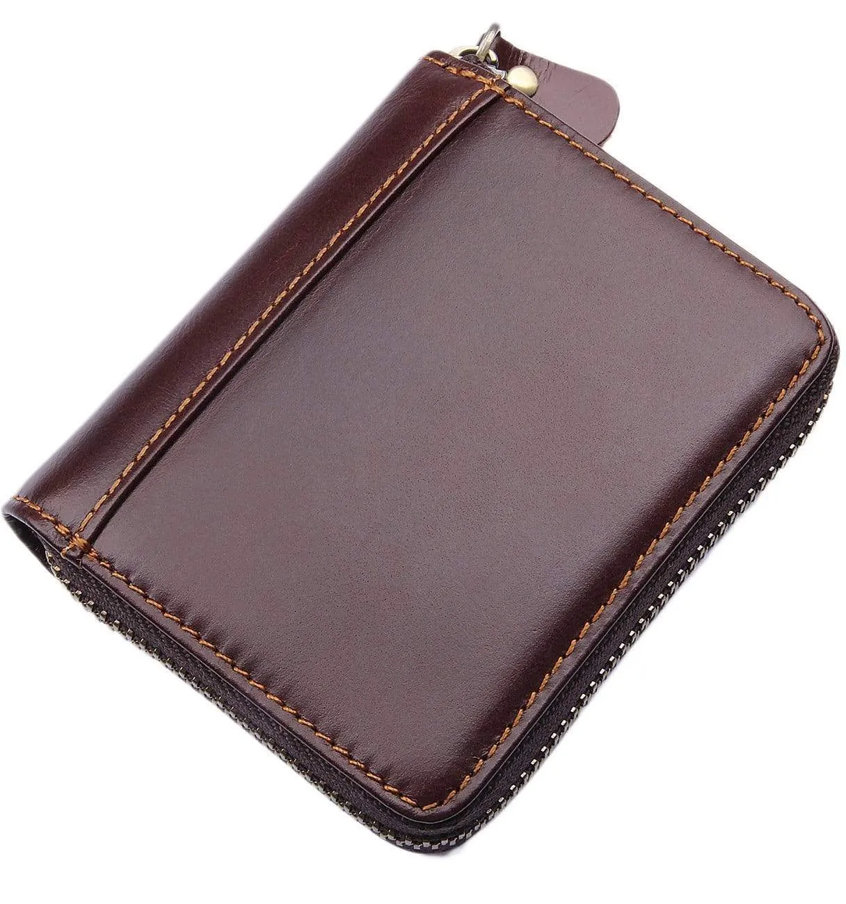 Men's RFID Blocking Full Grain Leather Secure Credit Card Holder Zip Around Wallet, Come with Free Keychain and Gift Box, Chocolate, b1w008ch