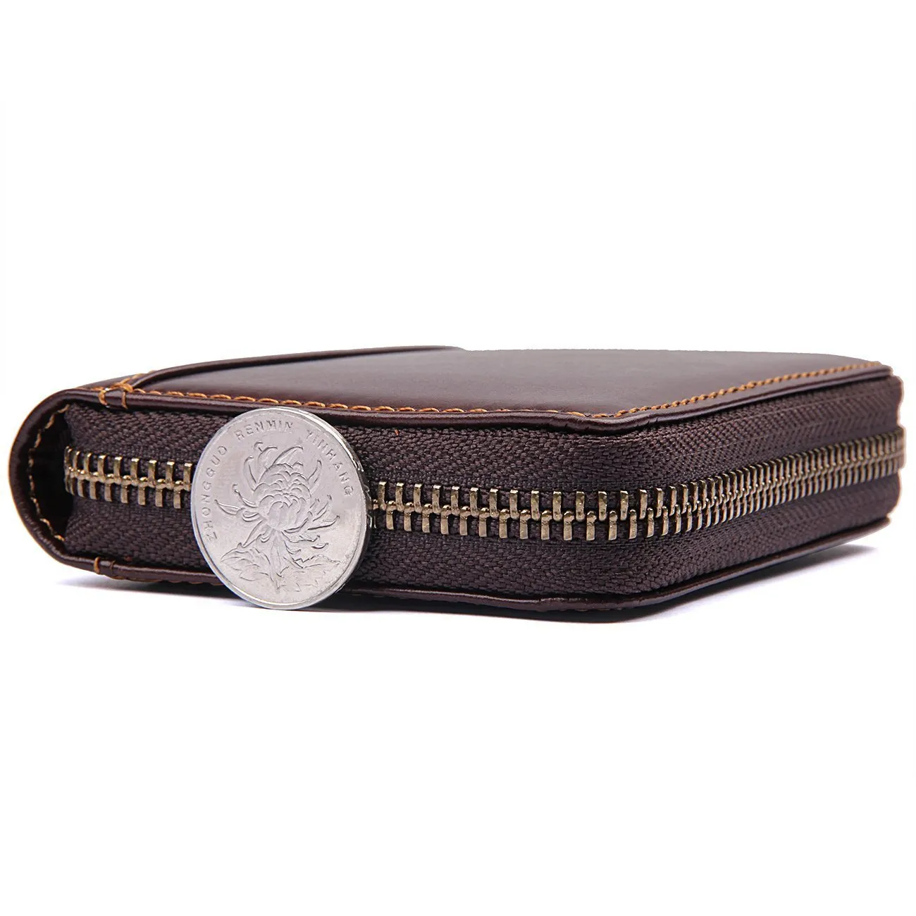 Men's RFID Blocking Full Grain Leather Secure Credit Card Holder Zip Around Wallet, Come with Free Keychain and Gift Box, Chocolate, b1w008ch